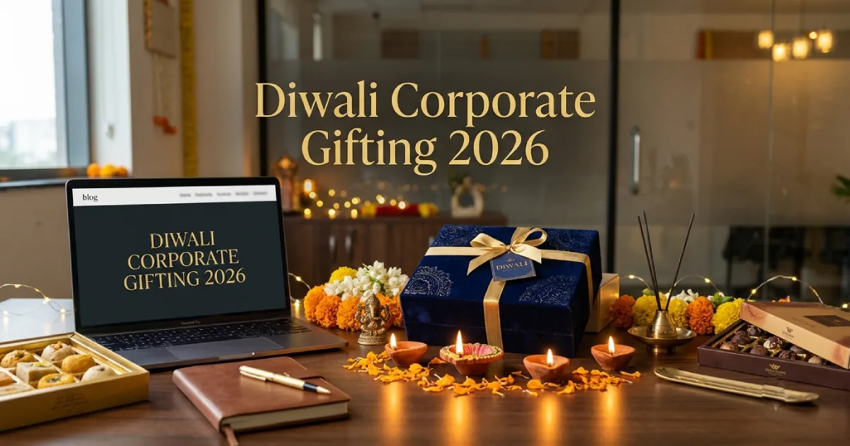 Curated Diwali corporate gift hampers for employees and clients on an office desk