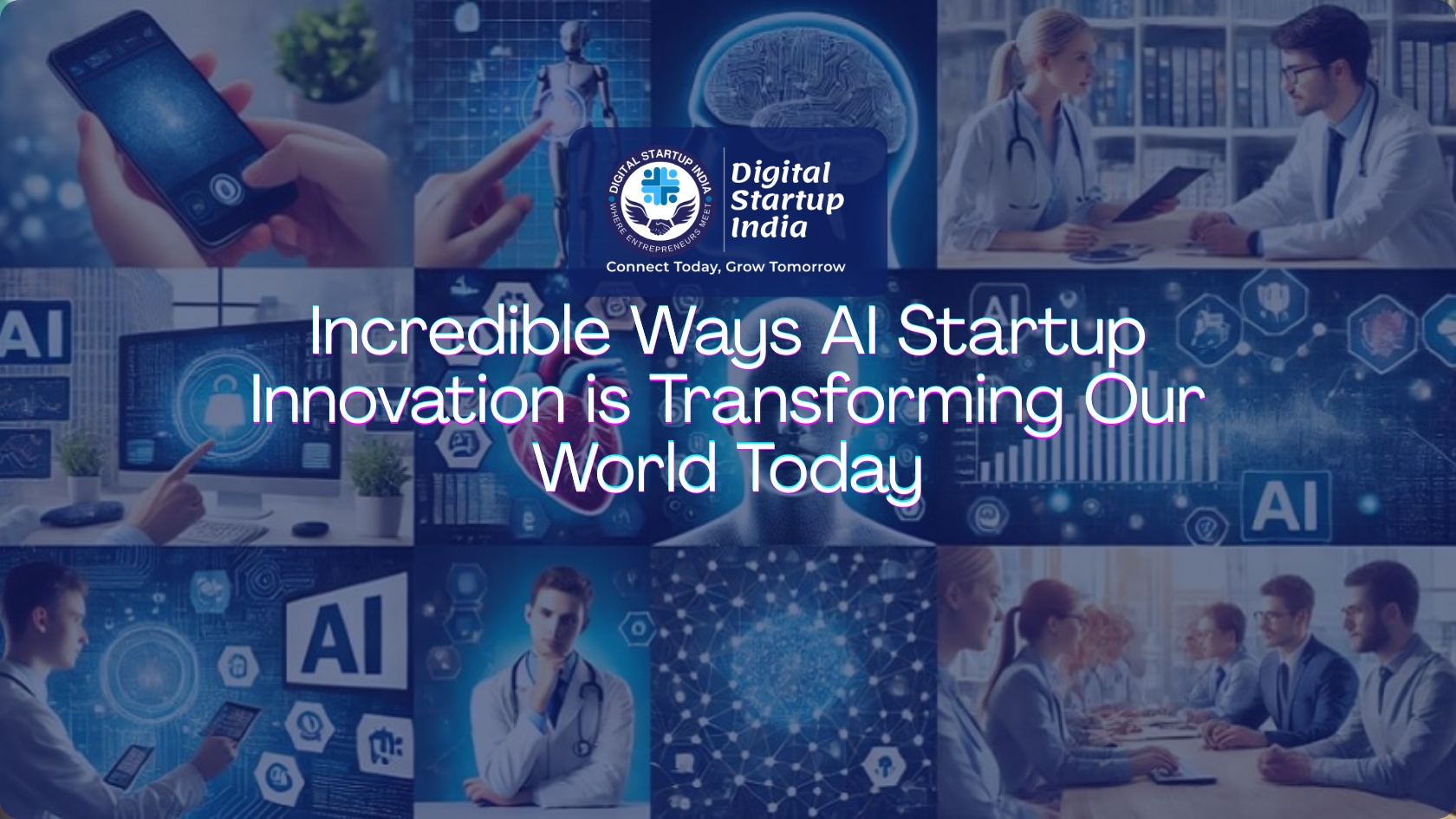 Team of engineers collaborating on AI Startup Innovation using neural network visualizations and robotics in a modern tech hub.